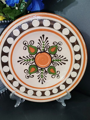 Vintage ceramic pottery plate patterned brown orange green like new