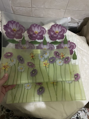 Serving platters with flowers new glass, set of 2 pieces