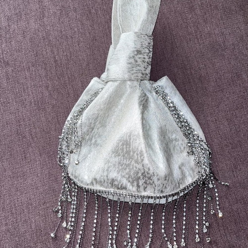 Eiko_ai Tins bag silver metallic mini handbag with crystal fringes