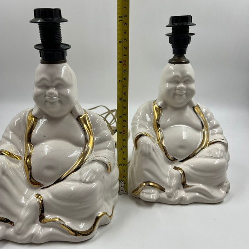 Buddha Table Lamps ceramic white with gold details set of 2 used