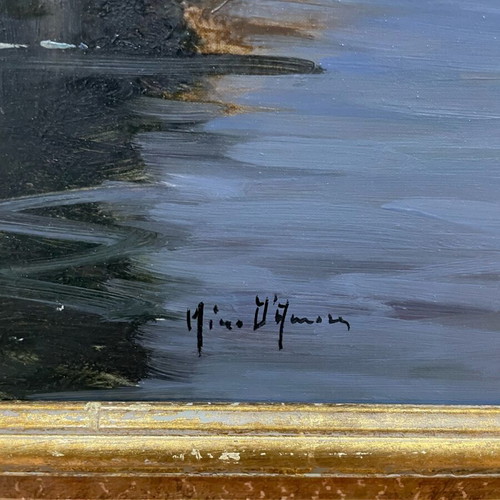Oil painting used, embossed canal scene with handmade wooden frame
