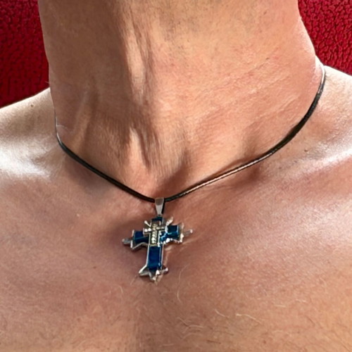 Blue cross pendant with crystals, steel