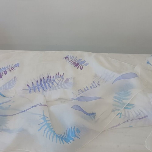 Silk scarf handmade new, white with painted leaves