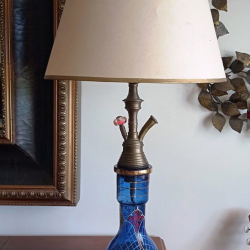 Vintage handmade table lamp with thick blue glass and brass, like new