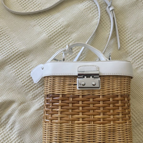 Wicker bag with white vegan leather crossbody strap like new