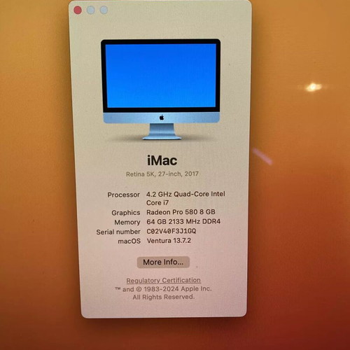 iMac 27 2017 Retina 5K used, i7-7700 4.2GHz, 64Gb ram, 500Gb Apple ssd, Radeon Pro 580 8Gb