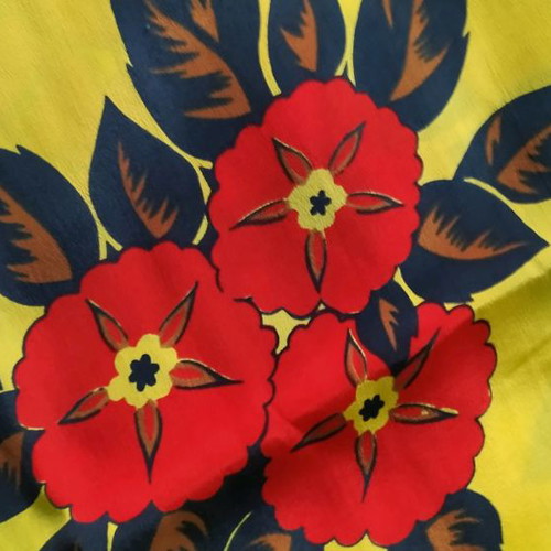Vintage crepe fabric yellow with red flowers 3.2 m and gift white satin