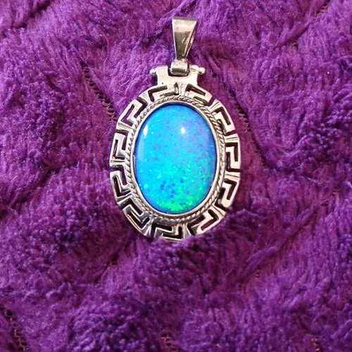 Silver pendant 925 with blue opal and meander used