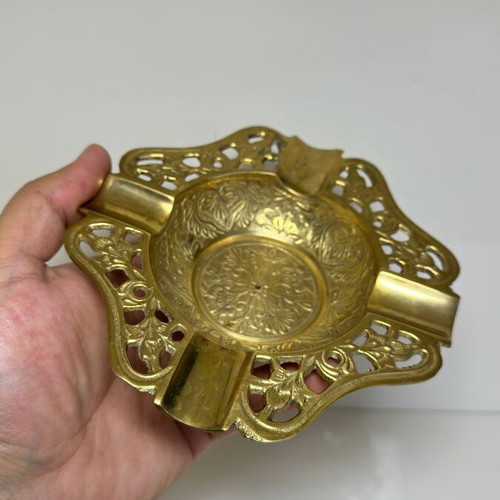 Vintage handmade brass ashtray with floral engravings