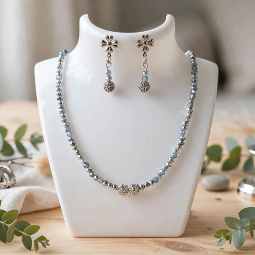 Handmade crystal beaded elegant jewelry set, new, gray and silver