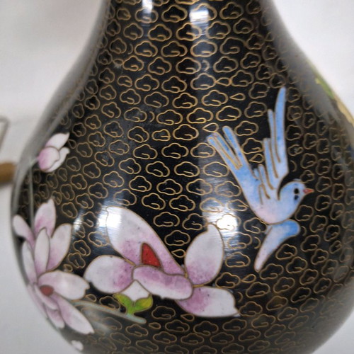 Pair of used cloisonné lamps 37 cm with enamel and wooden bases