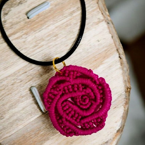 Handmade boho rose micro macrame necklace fuchsia made to order