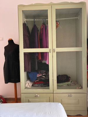Handmade wooden wardrobe used, solid wood, patina finish