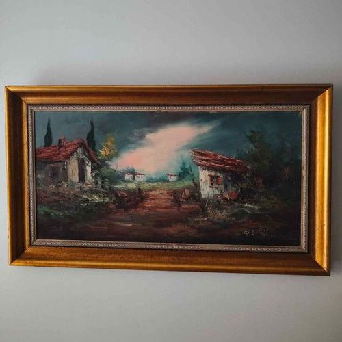 Painting by F. Alexandrou, vintage oil on canvas, countryside landscape