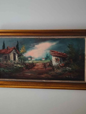 Painting by F. Alexandrou, vintage oil on canvas, countryside landscape