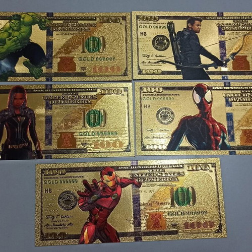 Marvel Super Heroes commemorative banknotes new, pack of 10 gold-colored
