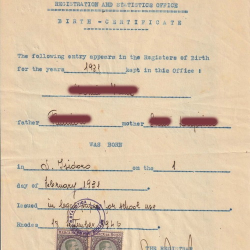 Historical Birth Certificate used, Rhodes 1946 with Italian stamps