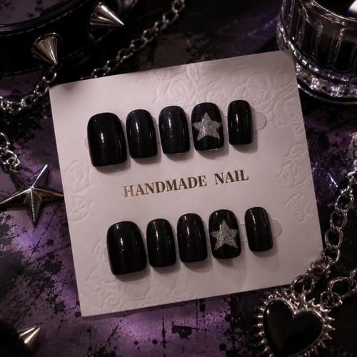 Black nail art press-on nails set of 10, handmade, new