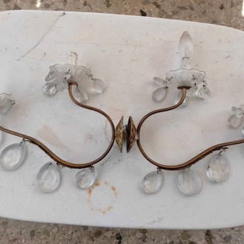 Vintage brass two-light wall sconces used with crystals