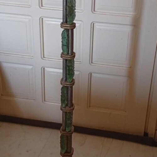Handmade vintage Brutalist floor candle holder with green glass