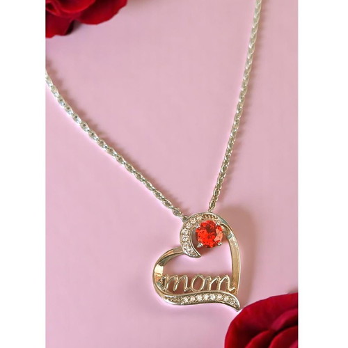 Stainless silver heart necklace with zircons and red crystal mom, new
