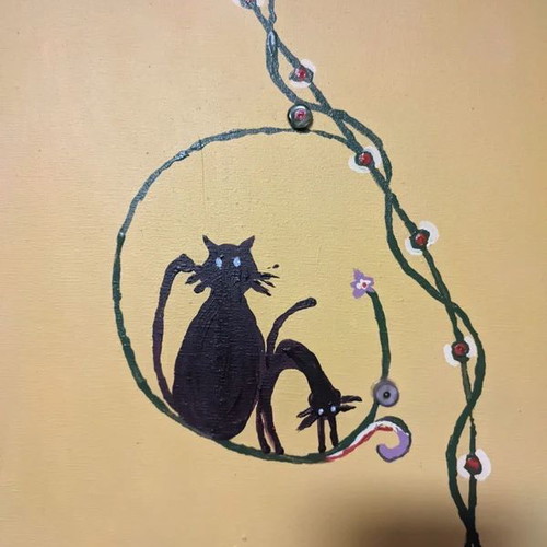 Handmade canvas painting 100x30cm Boho cat art mixed media like new