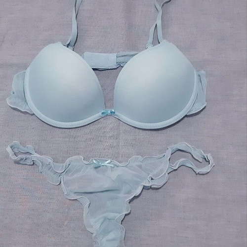 Zara Ousho lingerie set 80B bra and medium/large thong, new, elastic tulle, light blue