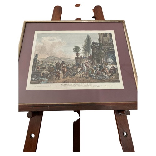Retour de la chasse et curée engraving used by J. Moyreau in frame with glass