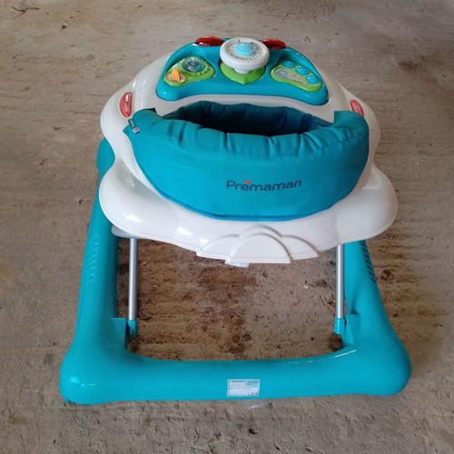 Premaman walker used, blue with adjustable seat height and toys