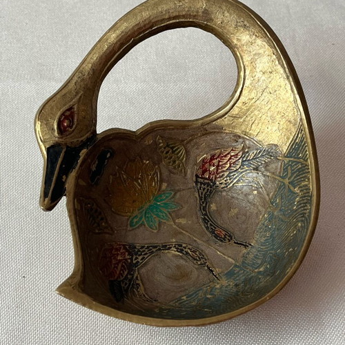 Vintage χειροποίητος μπρούτζινος κύκνος μεταχειρισμένος με σμάλτο Cloisonné