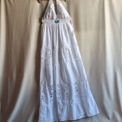 On Line Small White Maxi Dress Broderie Anglaise Boho Halterneck