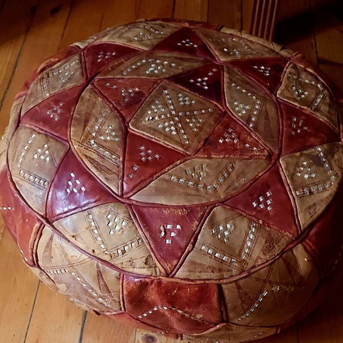 Moroccan handmade pouf from genuine leather used
