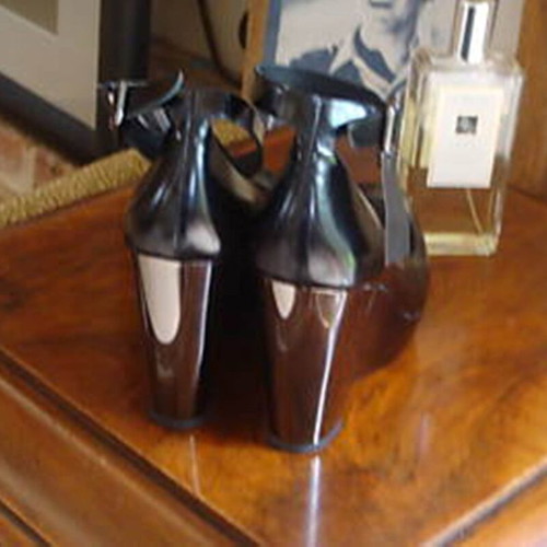 Michael Kors leather peep-toe platform wedge sandals used, size 38.5, black
