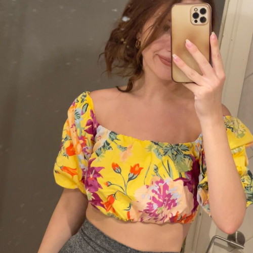 H&M Floral Puff Sleeve Crop Top new, multicolor yellow, size XS