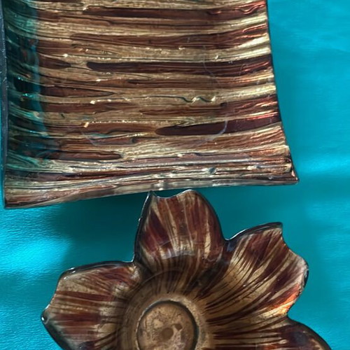 Glass decorative set new, brown and gold, ashtray and bowl