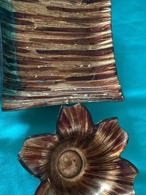 Glass decorative set new, brown and gold, ashtray and bowl