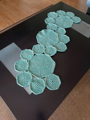 Knitted handmade runner new in green - bronze shade