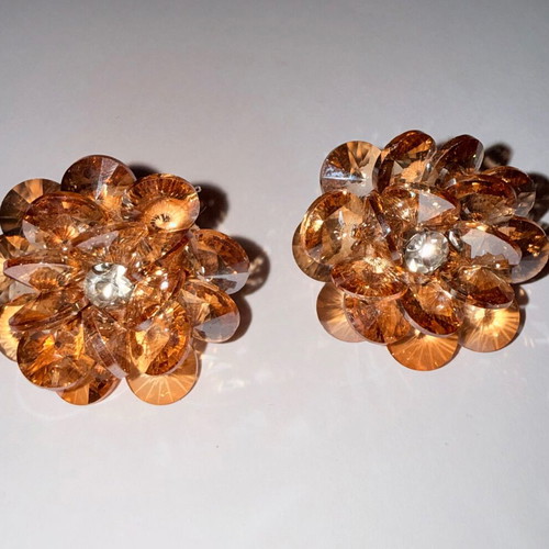 Earrings vintage with amber-colored crystals like new, gold tone