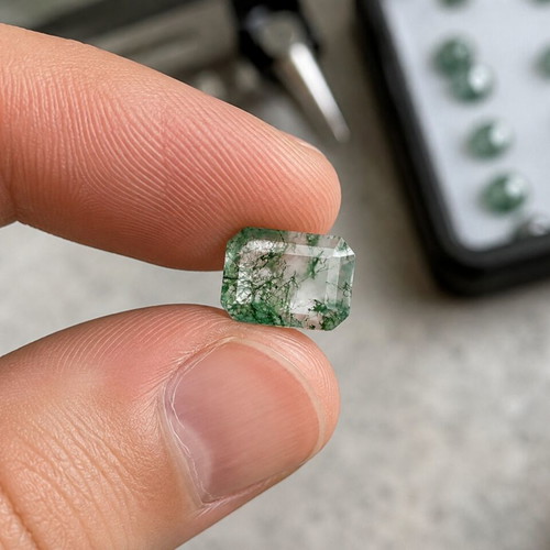Moss Agate 6×8mm Emerald Cut 1.14ct new, for ring or pendant