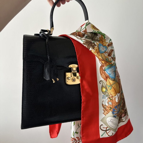 Gucci Lady Lock lizard skin shoulder bag used, large, black