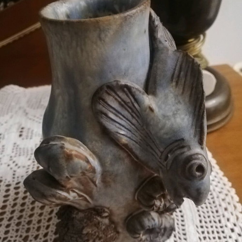 Handmade embossed ceramic vase inspired by Mediterranean sea