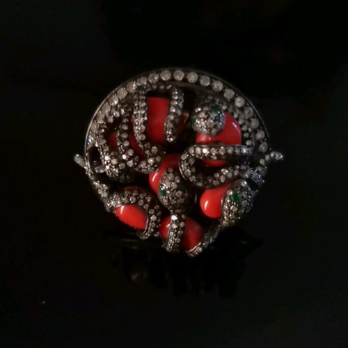 Galerie Tsangarakis 18K gold ring with snakes, diamonds, emeralds & corals