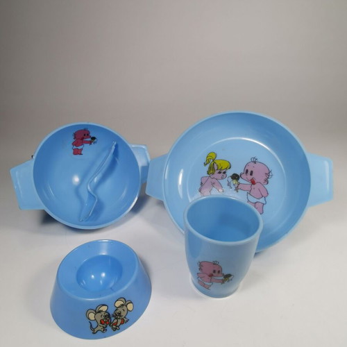Vintage Siaroplast Greek Children's Dinner Set used, blue