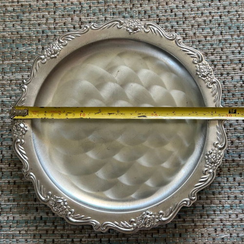 Vintage serving tray used, silver color with carved baroque design