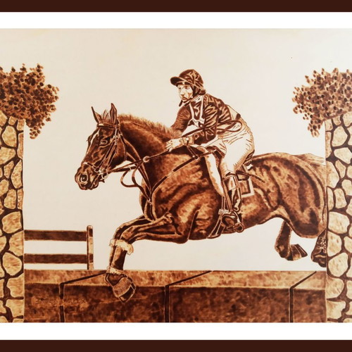 Horse Racing Pyrography Painting new on linden wood