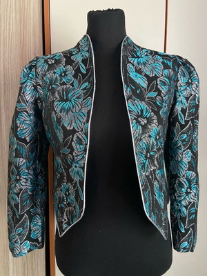 Floral tapestry jacket like new, metallic turquoise and black