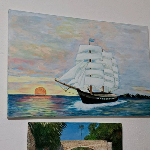 Oil painting ship new with oil paint