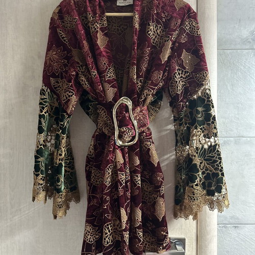 Nidodileda Velvet Crochet Kimono Blazer with Belt
