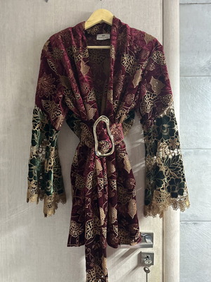 Nidodileda Velvet Crochet Kimono Blazer with Belt