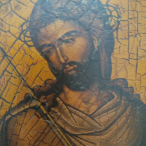 Byzantine icon reproduction used, Christ with crown of thorns